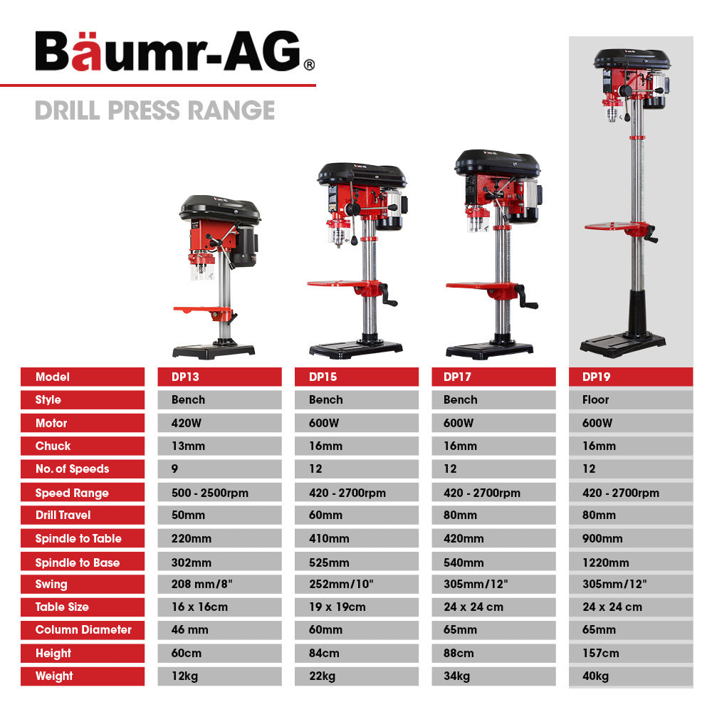Baumr-AG 600W 12 Pedestal Floor Drill Press, 16 Speeds, 16mm Chuck (DP19)