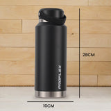 Proflex 1L Double Wall Insulated Stainless Steel Water Bottle, Drink Jug with Handle, Black - Front View