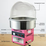 EUROCHEF 1100W Commercial Fairy Floss Machine, Cotton Candy Maker with Bubble Cover - Front View