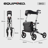 EQUIPMED Foldable Aluminium Walking Frame Rollator with Bag and Seat, Silver - Rear View