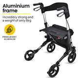 EQUIPMED Foldable Aluminium Walking Frame Rollator with Bag and Seat, Titanium Colour - Side View