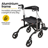 EQUIPMED 2-in-1 Foldable Aluminium Walking Frame Rollator and Transit Wheelchair with Bag, Titanium colour - Side View