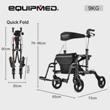 EQUIPMED 2-in-1 Foldable Aluminium Walking Frame Rollator and Transit Wheelchair with Bag, Titanium colour - Rear View