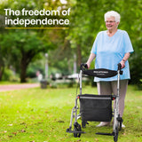 EQUIPMED 2-in-1 Folding Rollator Wheelchair Adjustable Mobility Walker w/ Park Brakes & Bag, Silver - Front View