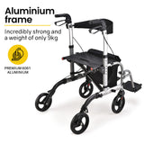 EQUIPMED 2-in-1 Folding Rollator Wheelchair Adjustable Mobility Walker w/ Park Brakes & Bag, Silver - Side View