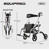 EQUIPMED 2-in-1 Folding Rollator Wheelchair Adjustable Mobility Walker w/ Park Brakes & Bag, Silver - Rear View