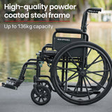EQUIPMED Portable Folding Wheelchair 24 Inch 136kg Capacity Wheel Chair Retractable Armrests, Black - Front View