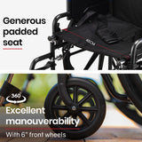 EQUIPMED Portable Folding Wheelchair 24 Inch 136kg Capacity Wheel Chair Retractable Armrests, Black - Close-Up Angle