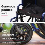 EQUIPMED Portable Wheelchair 24 Inch Folding Lightweight Wheel Chair,136kg Capacity Mobility. Blue - Close-Up Angle
