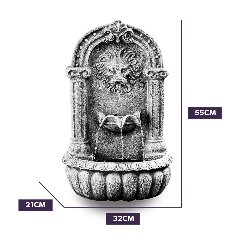 PROTEGE Lion Head Solar Powered Water Feature Fountain, Traditional Design, with Panel Kit, LED Lights