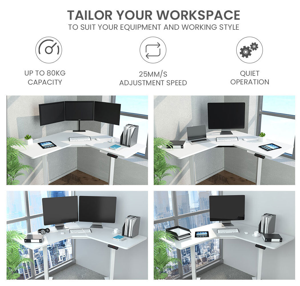 Fortia Sit To Stand Up Corner Standing Desk 72-120cm Dual Motor Electric Height Adjustable 80kg Load White/White Frame