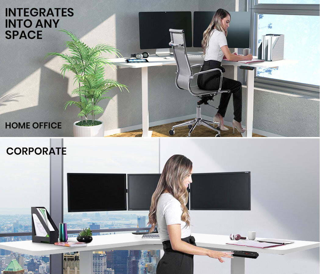 Fortia Sit To Stand Up Corner Standing Desk 72-120cm Dual Motor Electric Height Adjustable 80kg Load White/White Frame