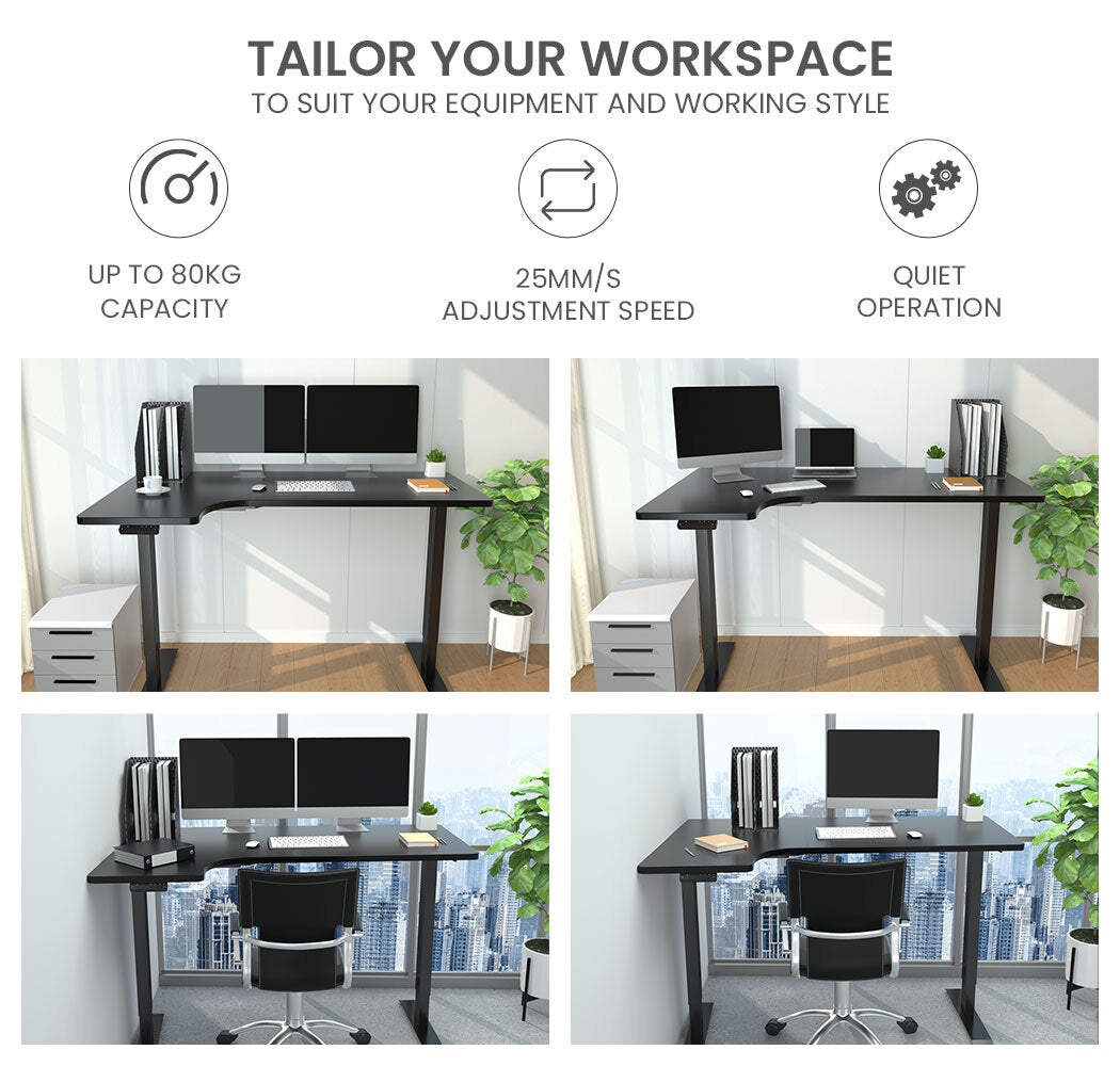 FORTIA L-Shape Standing Desk 1450W x 850D x 600D Dual Motor 80kg Load Sit to Stand Up Electric Height Adjustable Left-Hand Sided Black/Black Frame