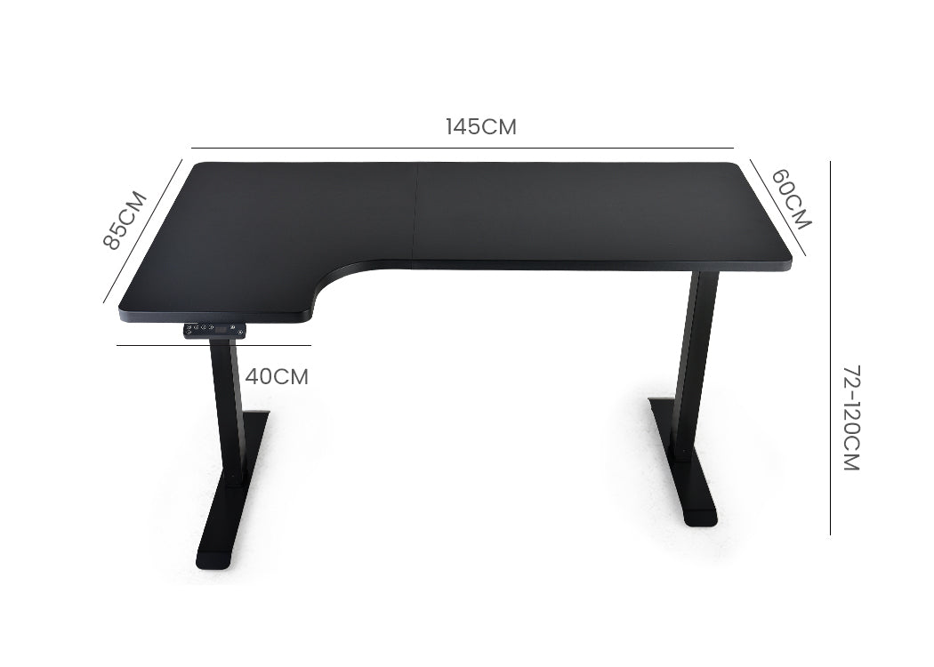 FORTIA L-Shape Standing Desk 1450W x 850D x 600D Dual Motor 80kg Load Sit to Stand Up Electric Height Adjustable Left-Hand Sided Black/Black Frame