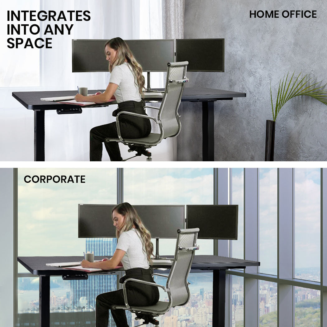 FORTIA L-Shape Standing Desk 1450W x 850D x 600D Dual Motor 80kg Load Sit to Stand Up Electric Height Adjustable Left-Hand Sided Black/Black Frame