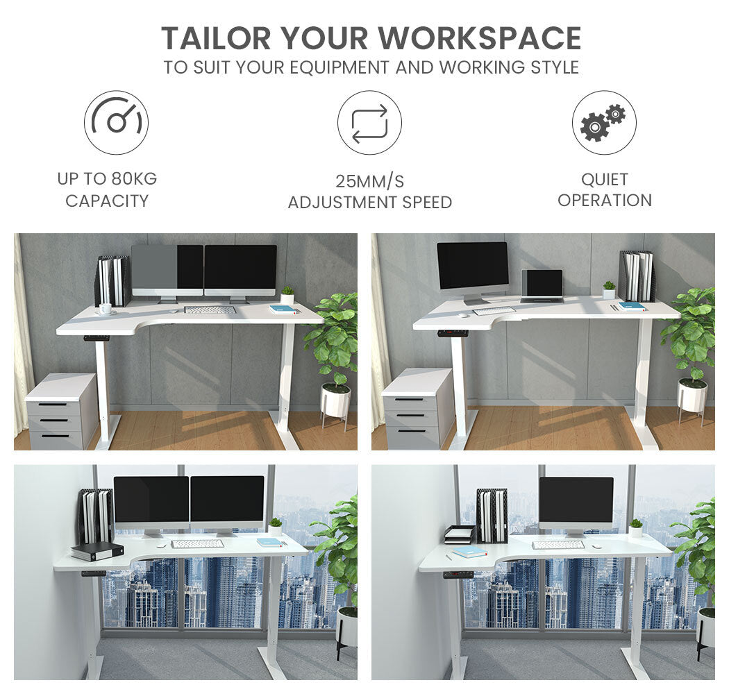 FORTIA L-Shape Standing Desk 1450W x 850D x 600D Dual Motor 80kg Load Sit to Stand Up Electric Height Adjustable Left-Hand Sided White/White Frame