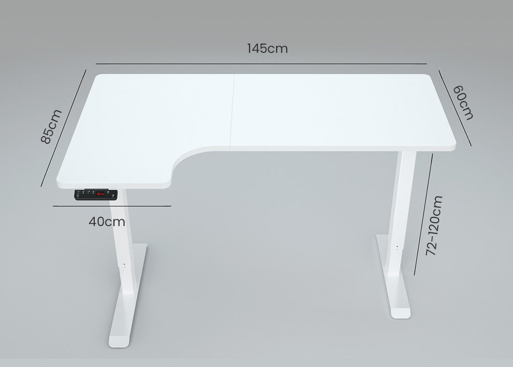 FORTIA L-Shape Standing Desk 1450W x 850D x 600D Dual Motor 80kg Load Sit to Stand Up Electric Height Adjustable Left-Hand Sided White/White Frame