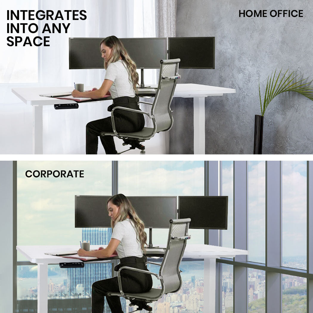FORTIA L-Shape Standing Desk 1450W x 850D x 600D Dual Motor 80kg Load Sit to Stand Up Electric Height Adjustable Left-Hand Sided White/White Frame