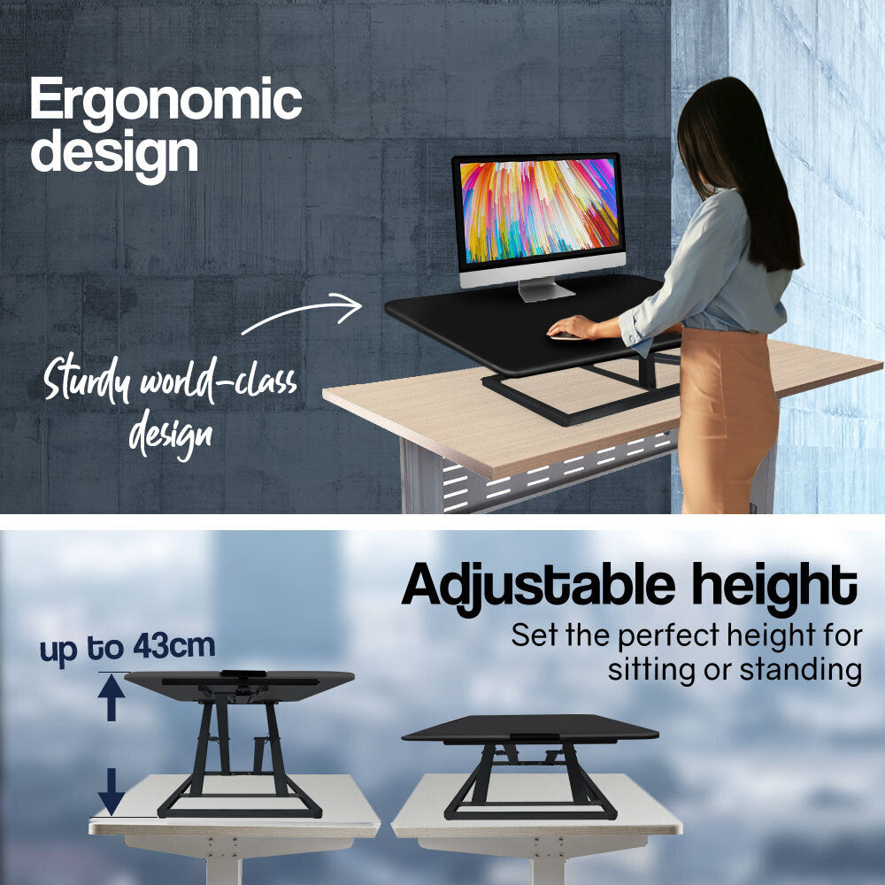 Fortia Desk Riser 74cm Wide Adjustable Sit to Stand for Dual Monitor Keyboard Laptop Black