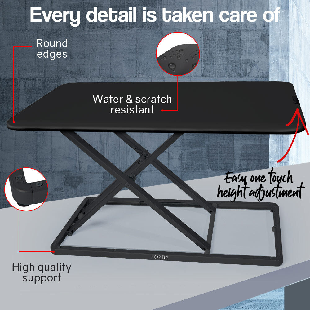 Fortia Desk Riser 74cm Wide Adjustable Sit to Stand for Dual Monitor Keyboard Laptop Black