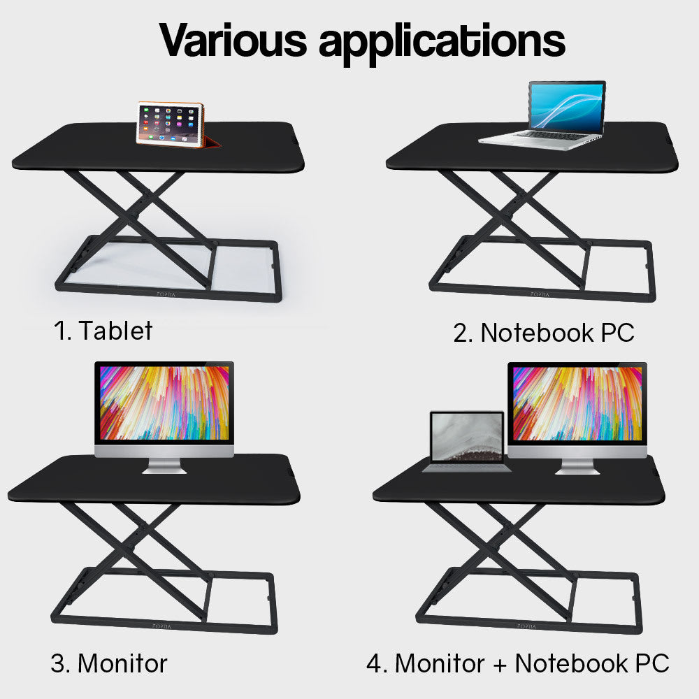 Fortia Desk Riser 74cm Wide Adjustable Sit to Stand for Dual Monitor Keyboard Laptop Black