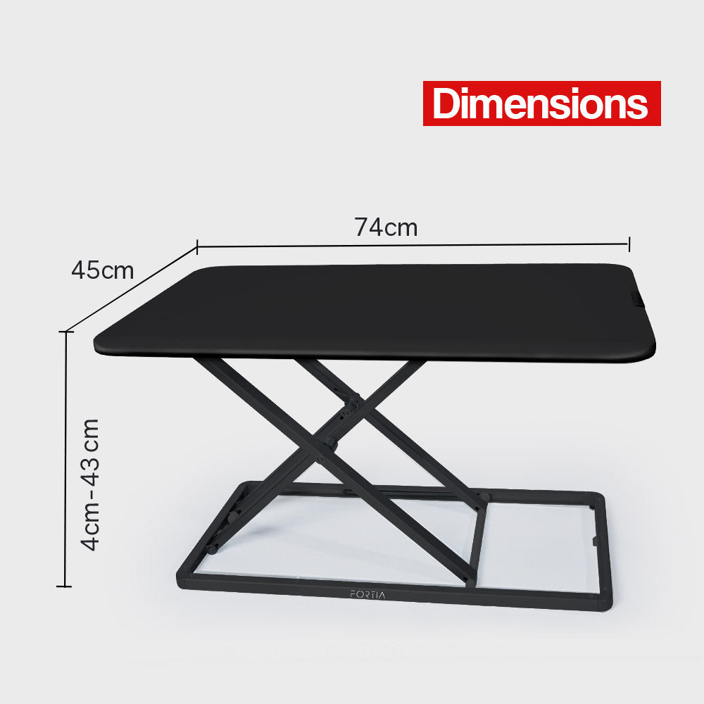 Fortia Desk Riser 74cm Wide Adjustable Sit to Stand for Dual Monitor Keyboard Laptop Black