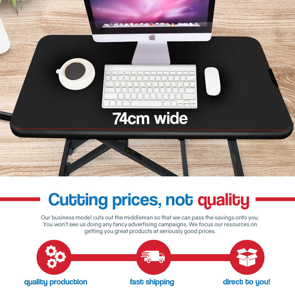 Fortia Desk Riser 74cm Wide Adjustable Sit to Stand for Dual Monitor Keyboard Laptop Black