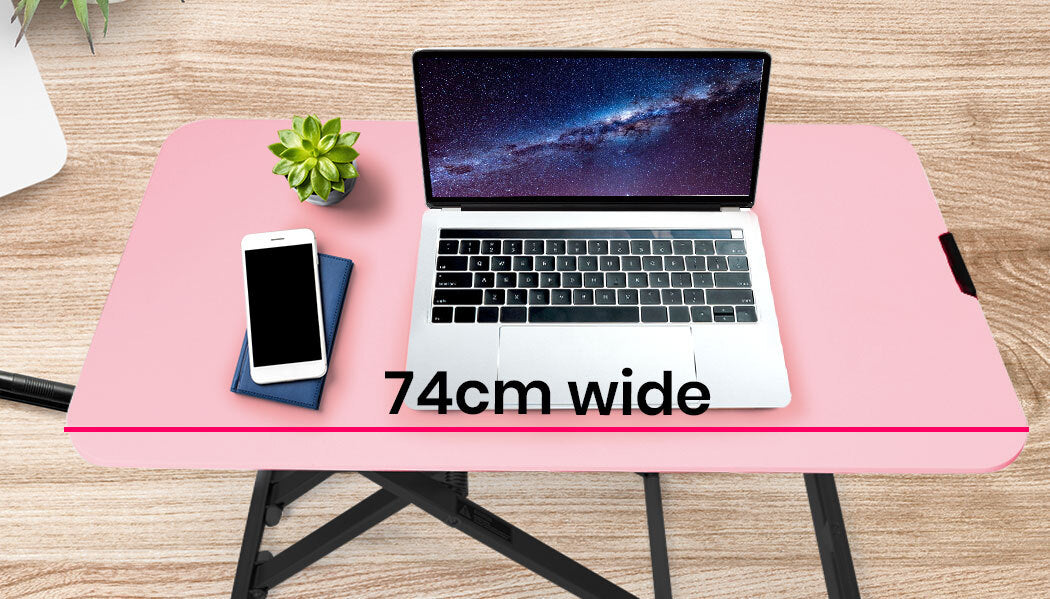 Fortia Desk Riser 74cm Wide Adjustable Sit to Stand for Dual Monitor Keyboard Laptop Pink