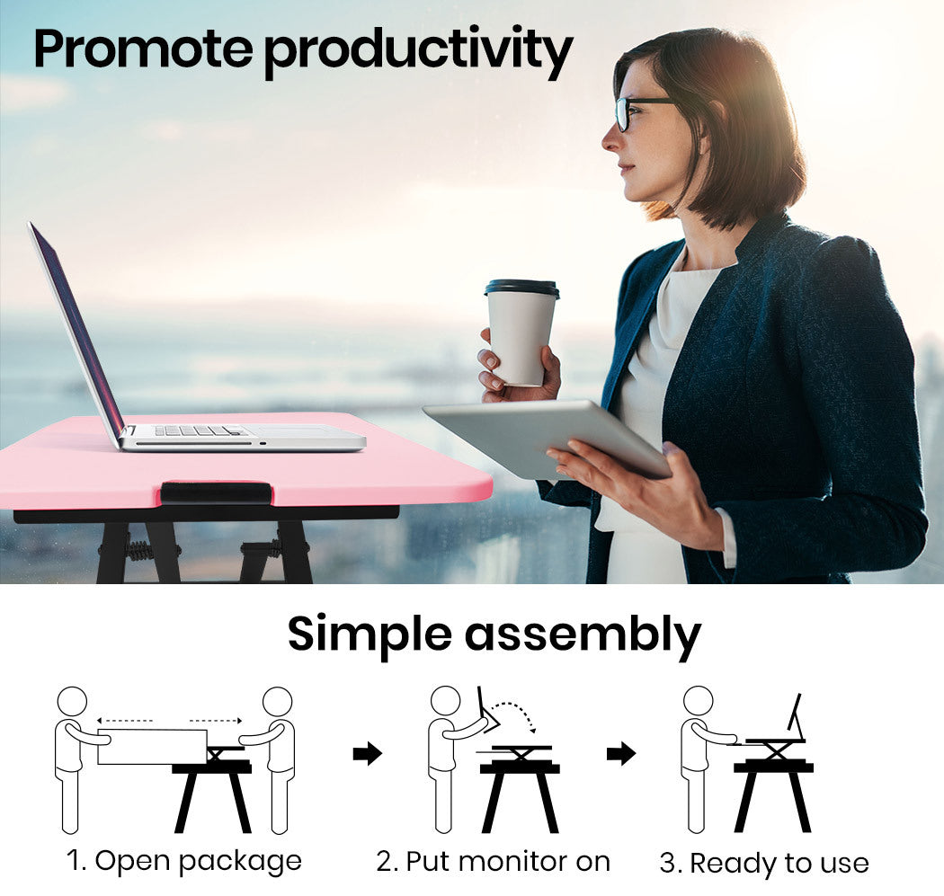 Fortia Desk Riser 74cm Wide Adjustable Sit to Stand for Dual Monitor Keyboard Laptop Pink