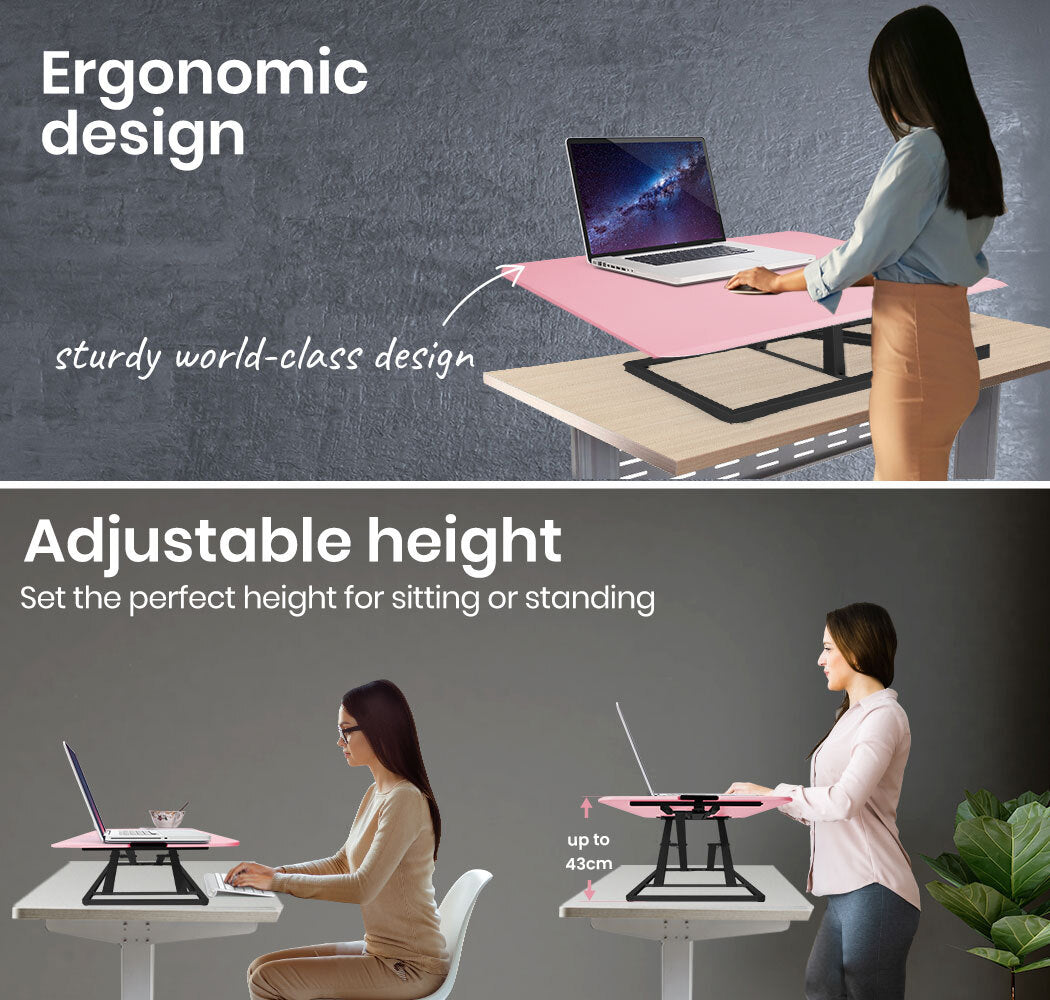 Fortia Desk Riser 74cm Wide Adjustable Sit to Stand for Dual Monitor Keyboard Laptop Pink