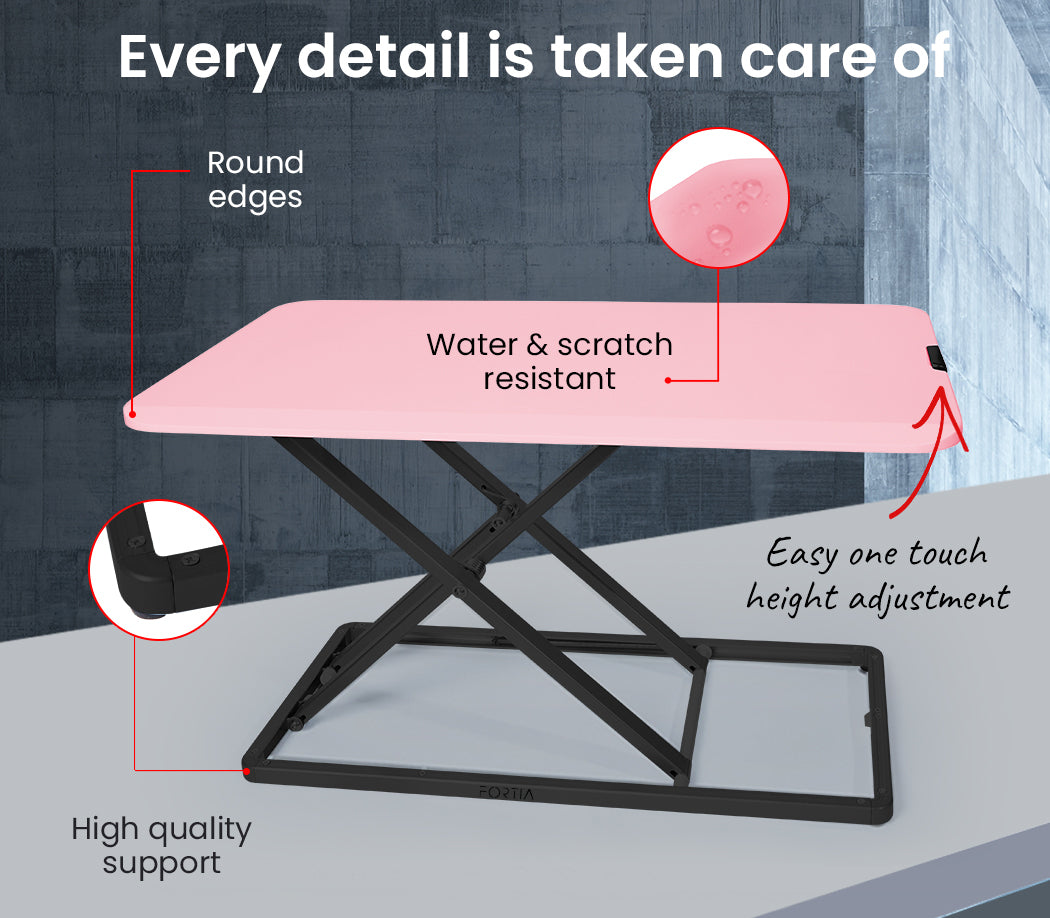 Fortia Desk Riser 74cm Wide Adjustable Sit to Stand for Dual Monitor Keyboard Laptop Pink