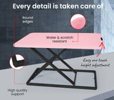 Fortia Desk Riser 74cm Wide Adjustable Sit to Stand for Dual Monitor Keyboard Laptop Pink - Close-Up Angle