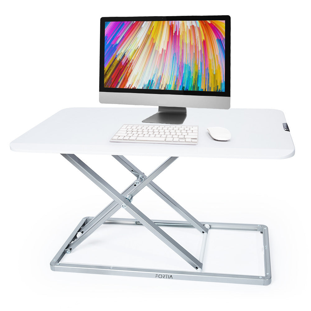Fortia Desk Riser 74cm Wide Adjustable Sit to Stand for Dual Monitor Keyboard Laptop White