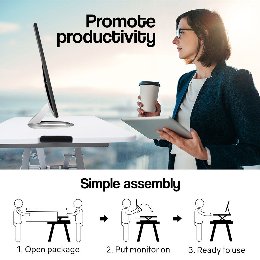 Fortia Desk Riser 74cm Wide Adjustable Sit to Stand for Dual Monitor Keyboard Laptop White