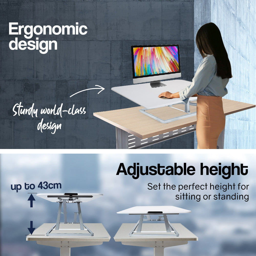 Fortia Desk Riser 74cm Wide Adjustable Sit to Stand for Dual Monitor Keyboard Laptop White
