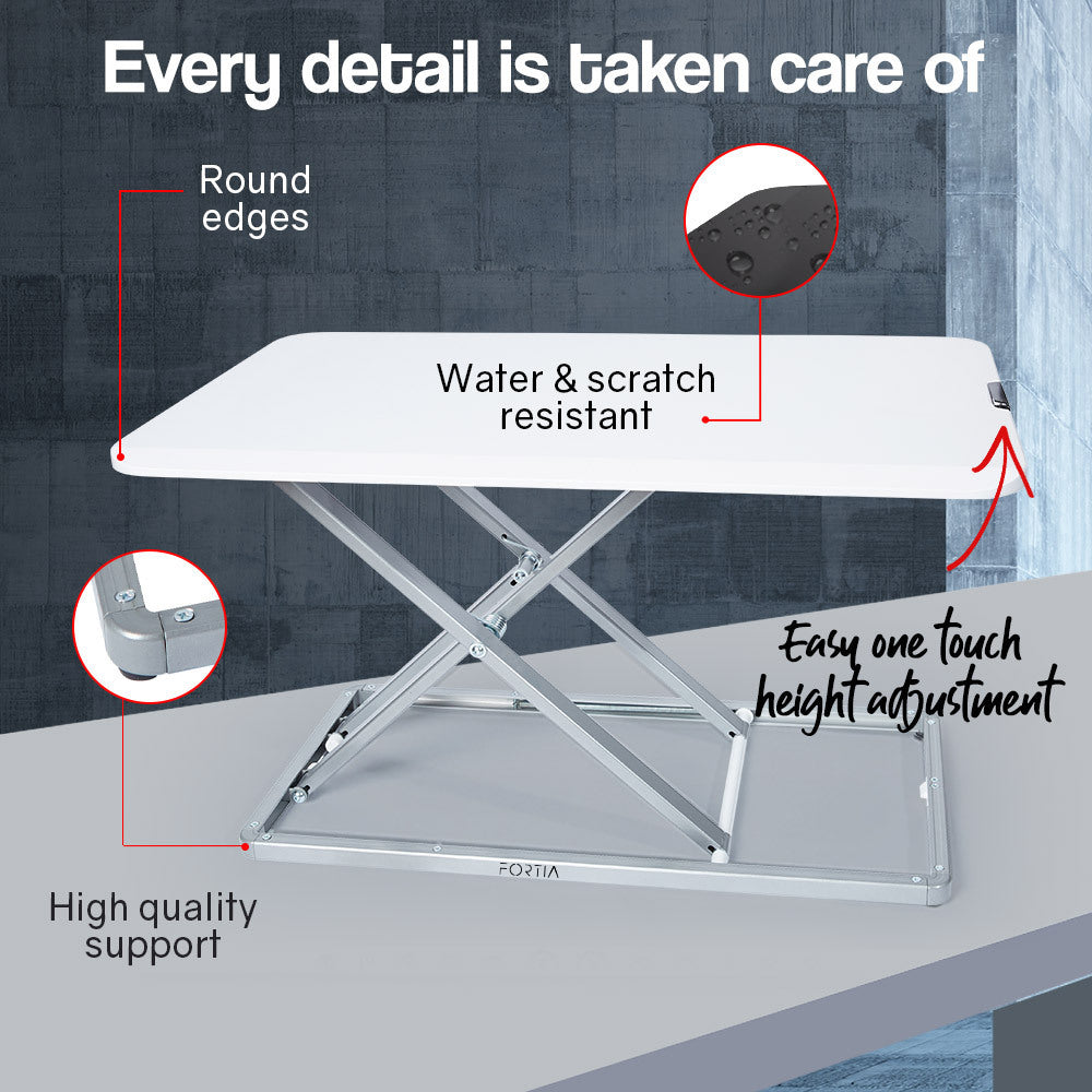 Fortia Desk Riser 74cm Wide Adjustable Sit to Stand for Dual Monitor Keyboard Laptop White