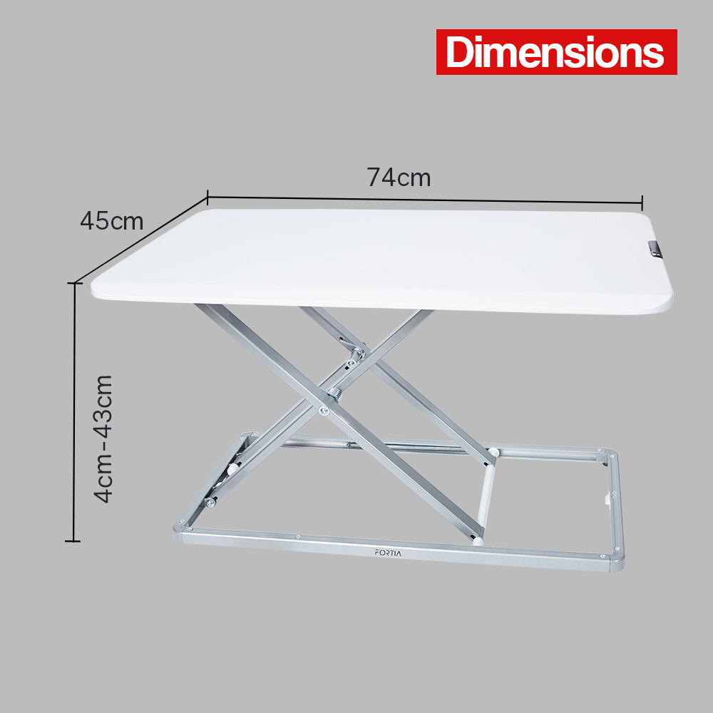 Fortia Desk Riser 74cm Wide Adjustable Sit to Stand for Dual Monitor Keyboard Laptop White