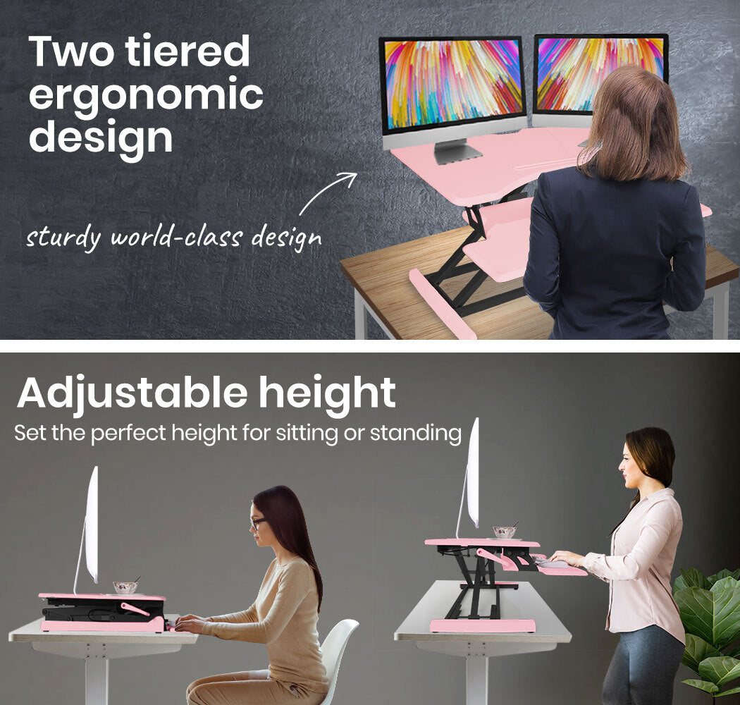 Fortia Desk Riser 77cm Wide Adjustable Sit to Stand for Dual Monitor Keyboard Laptop Pink