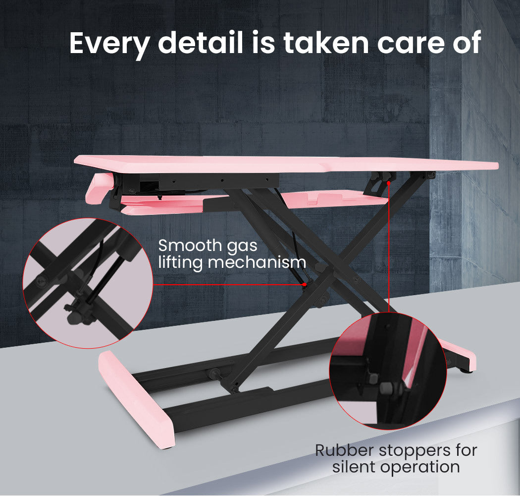 Fortia Desk Riser 77cm Wide Adjustable Sit to Stand for Dual Monitor Keyboard Laptop Pink