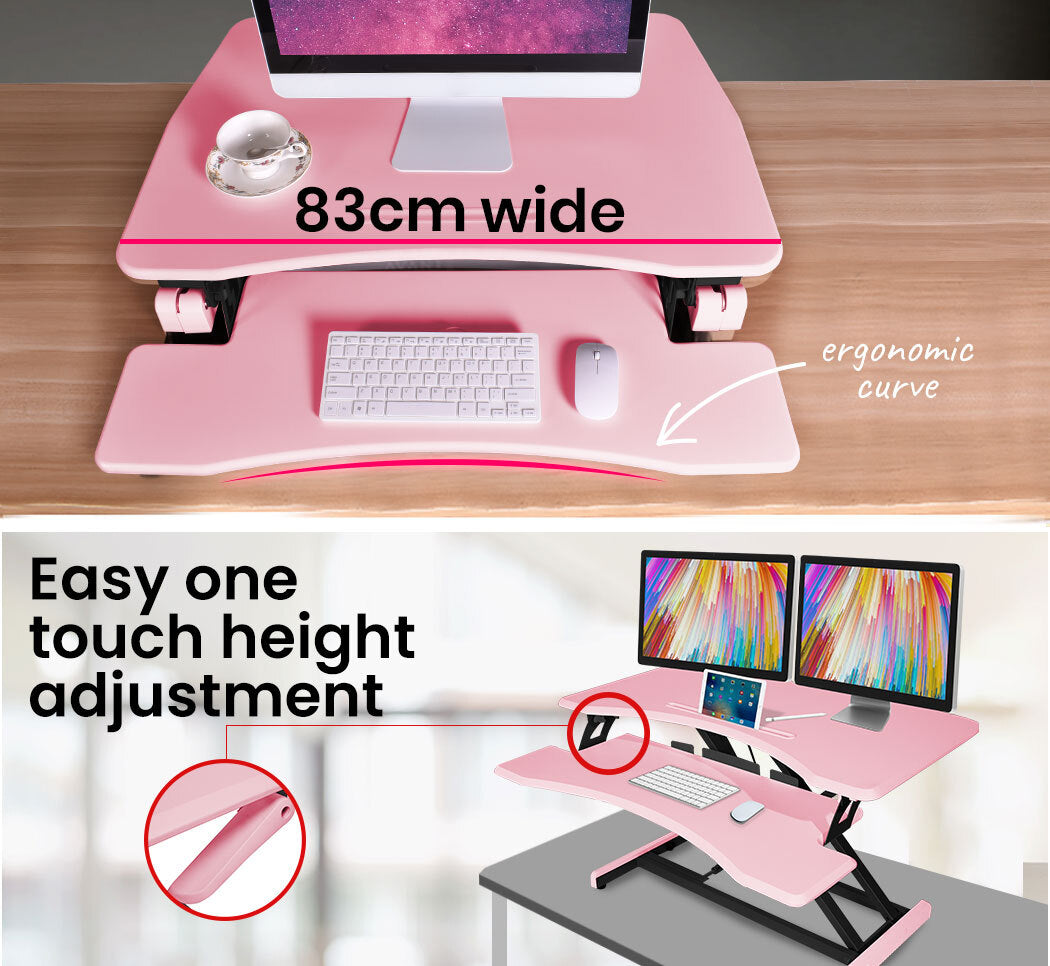 Fortia Desk Riser 77cm Wide Adjustable Sit to Stand for Dual Monitor Keyboard Laptop Pink