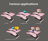 Fortia Desk Riser 77cm Wide Adjustable Sit to Stand for Dual Monitor Keyboard Laptop Pink - Low Angle