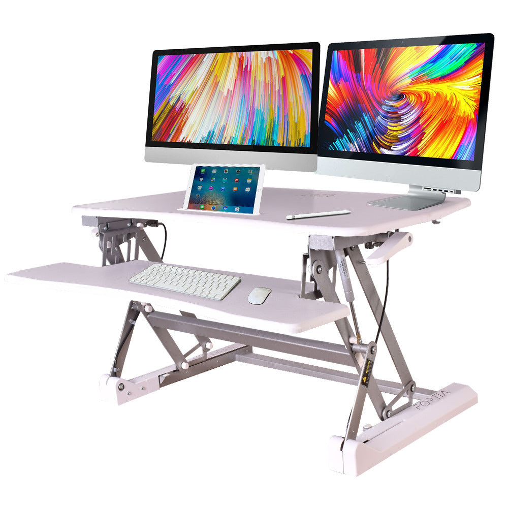 Fortia Desk Riser 90cm Wide Adjustable Sit to Stand for Dual Monitor Keyboard Laptop White