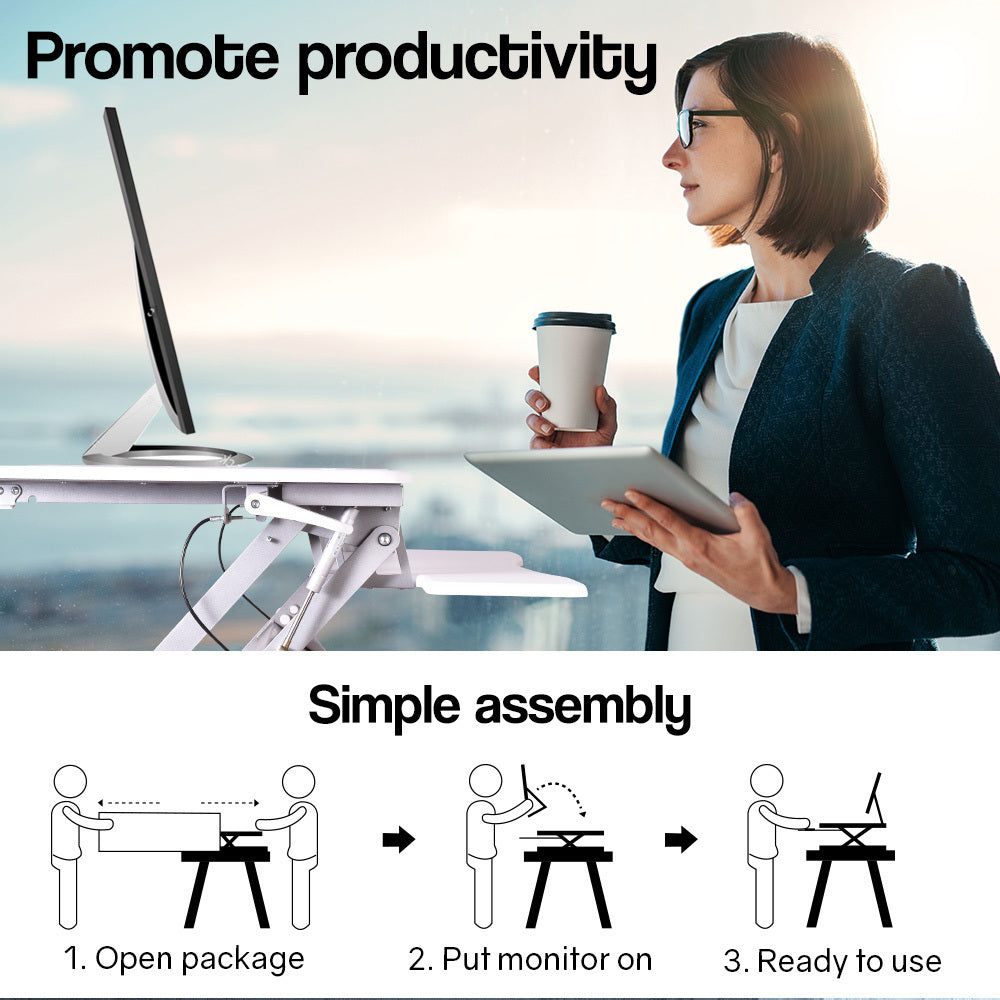 Fortia Desk Riser 90cm Wide Adjustable Sit to Stand for Dual Monitor Keyboard Laptop White