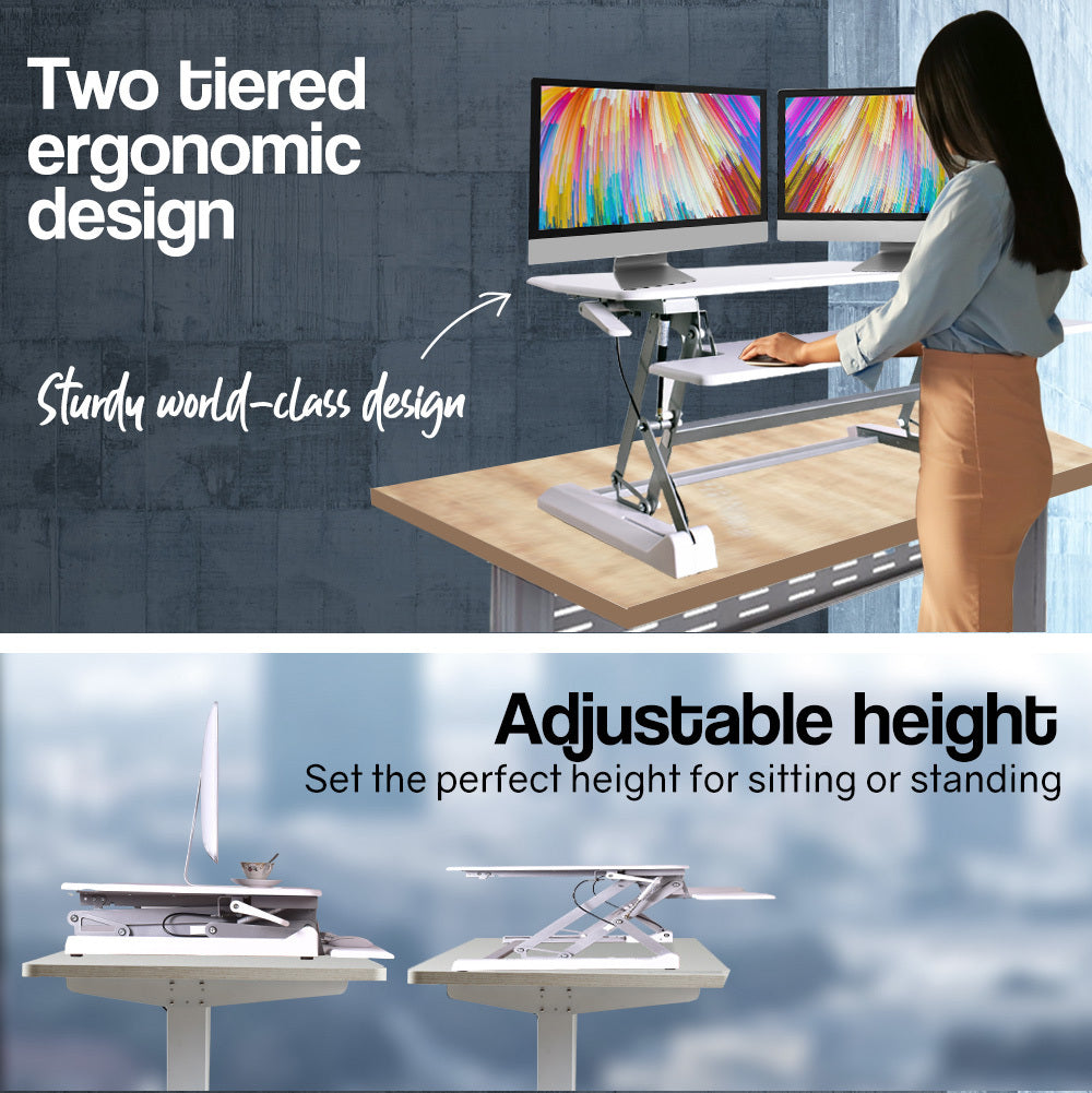 Fortia Desk Riser 90cm Wide Adjustable Sit to Stand for Dual Monitor Keyboard Laptop White