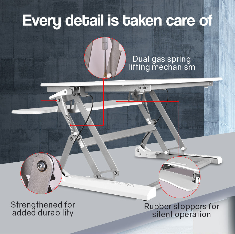 Fortia Desk Riser 90cm Wide Adjustable Sit to Stand for Dual Monitor Keyboard Laptop White