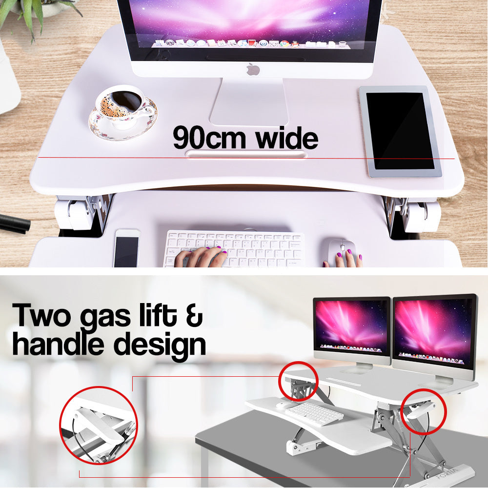 Fortia Desk Riser 90cm Wide Adjustable Sit to Stand for Dual Monitor Keyboard Laptop White
