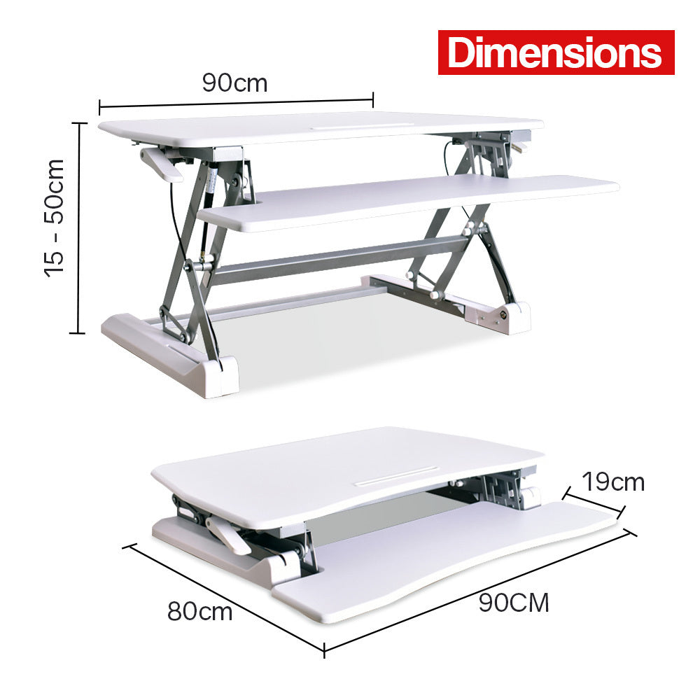 Fortia Desk Riser 90cm Wide Adjustable Sit to Stand for Dual Monitor Keyboard Laptop White