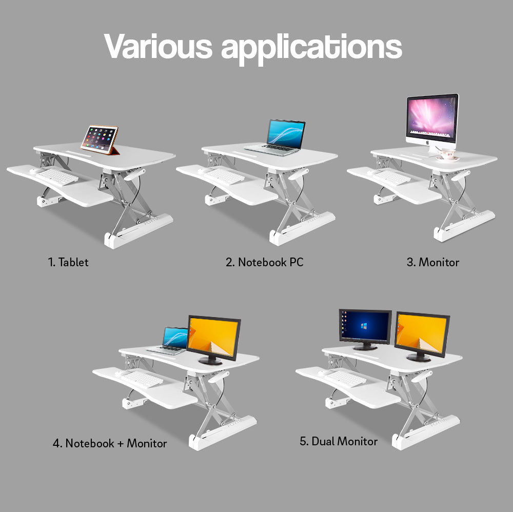 Fortia Desk Riser 90cm Wide Adjustable Sit to Stand for Dual Monitor Keyboard Laptop White
