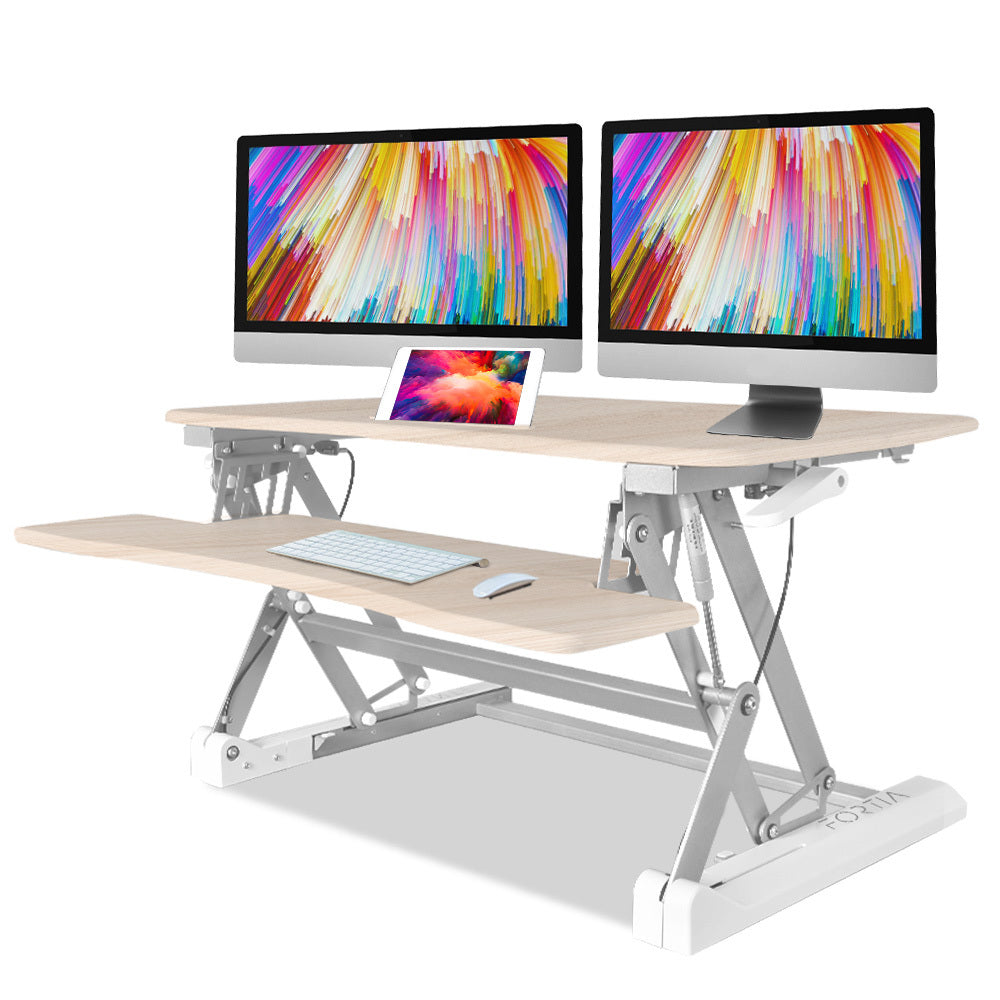 Fortia Desk Riser 90cm Wide Adjustable Sit to Stand for Dual Monitor Keyboard Laptop Beech