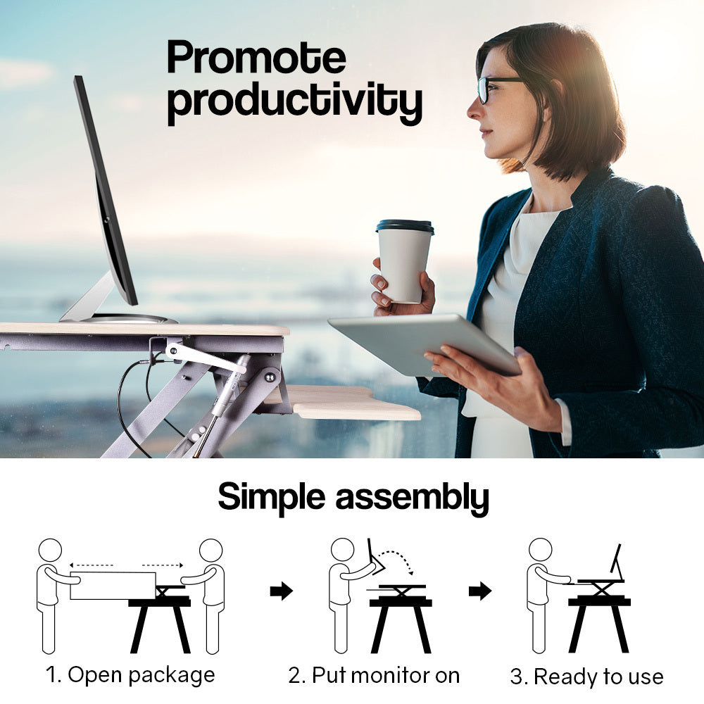 Fortia Desk Riser 90cm Wide Adjustable Sit to Stand for Dual Monitor Keyboard Laptop Beech